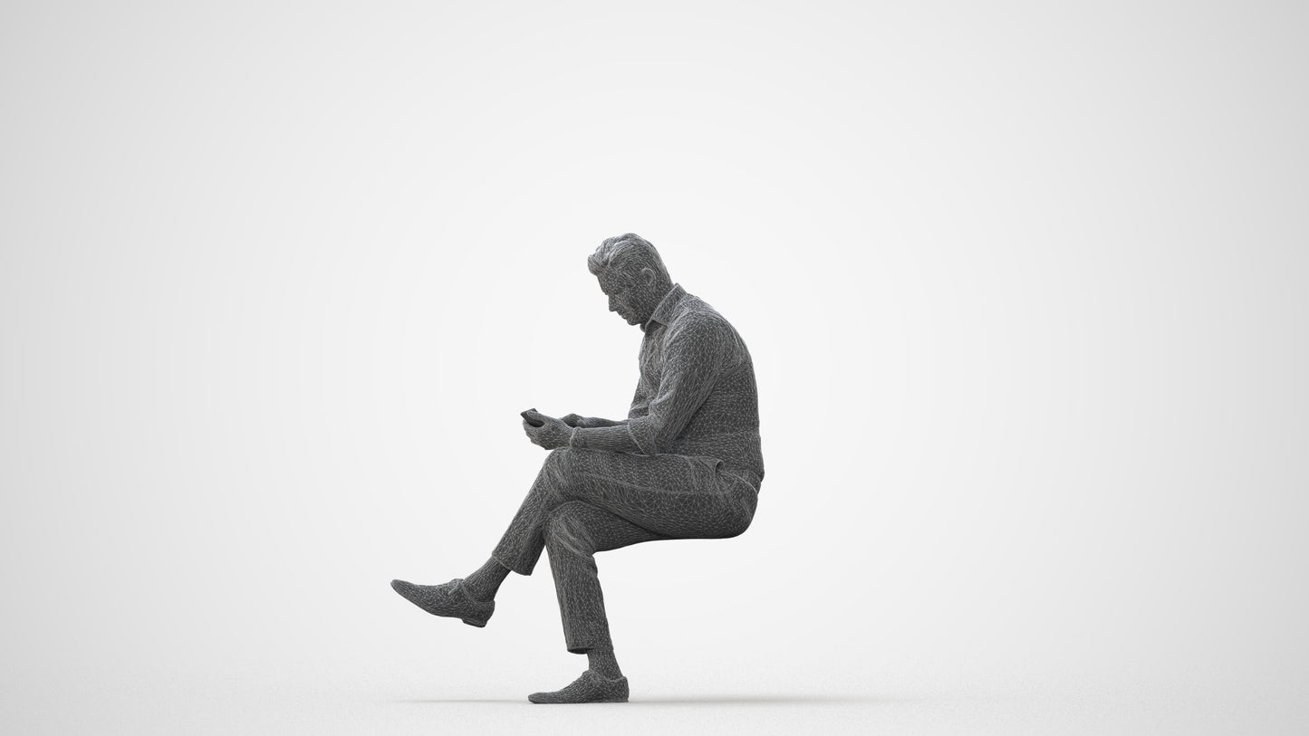 photogrammetry 3D man business sitting, realistic human model archviz FBX, square thumbnail