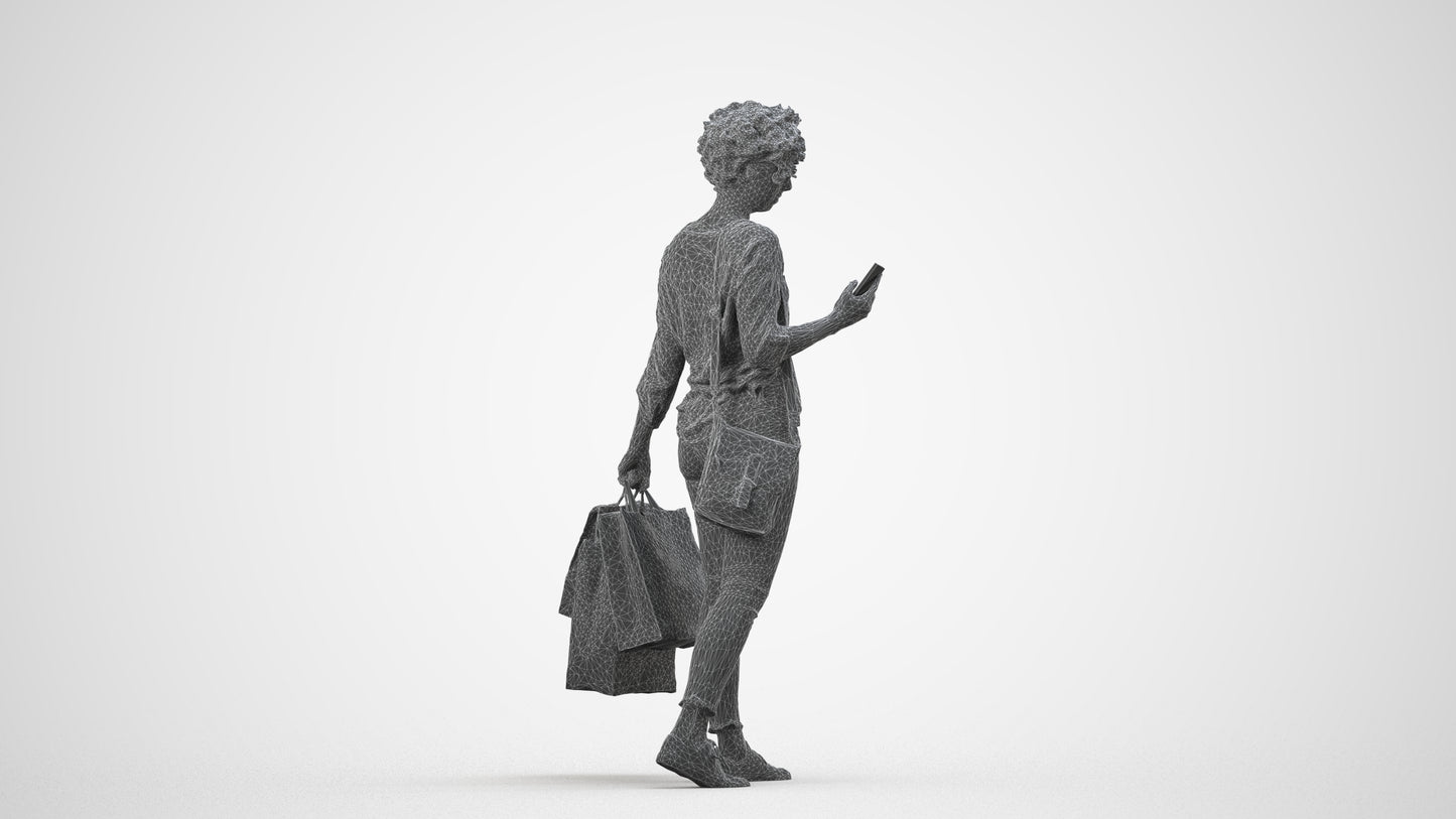 3D human model woman casual standing, photogrammetry scanned person for archviz, wireframe side view