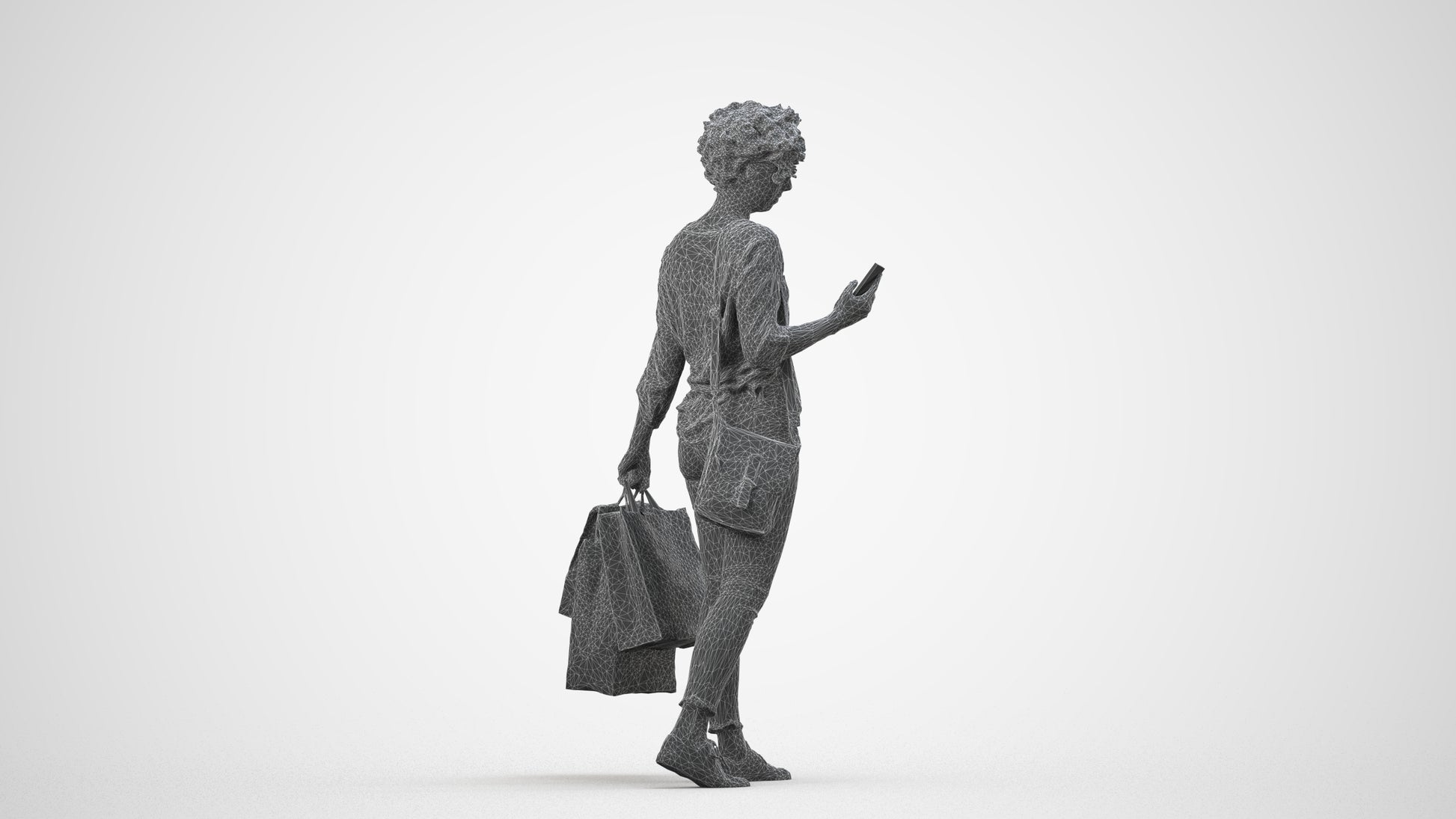 3D human model woman casual standing, photogrammetry scanned person for archviz, wireframe side view