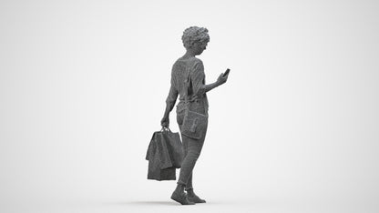 3D human model woman casual standing, photogrammetry scanned person for archviz, wireframe side view