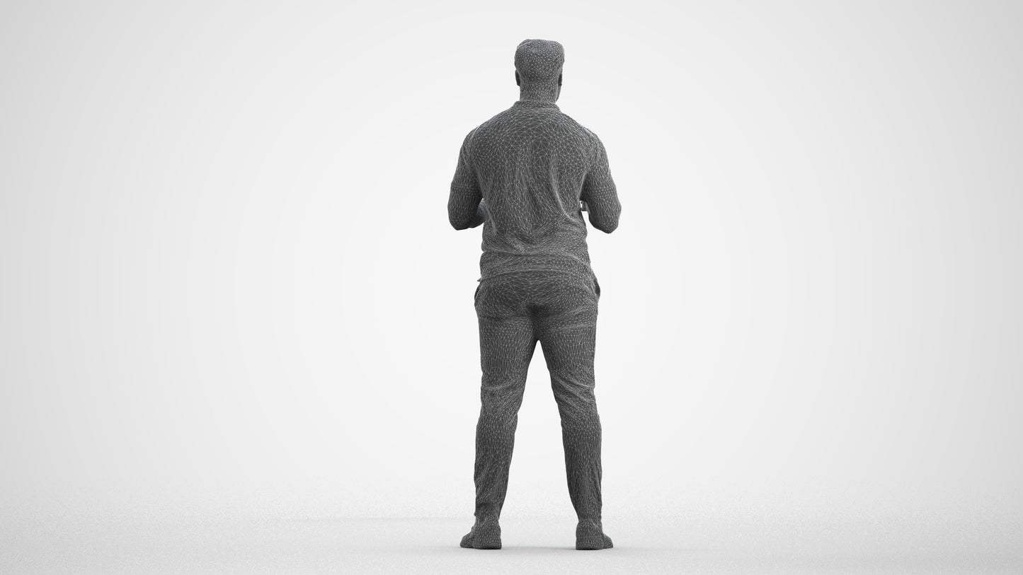 3D scanned man standing casual, photorealistic archviz people for Enscape and SketchUp, wireframe front view