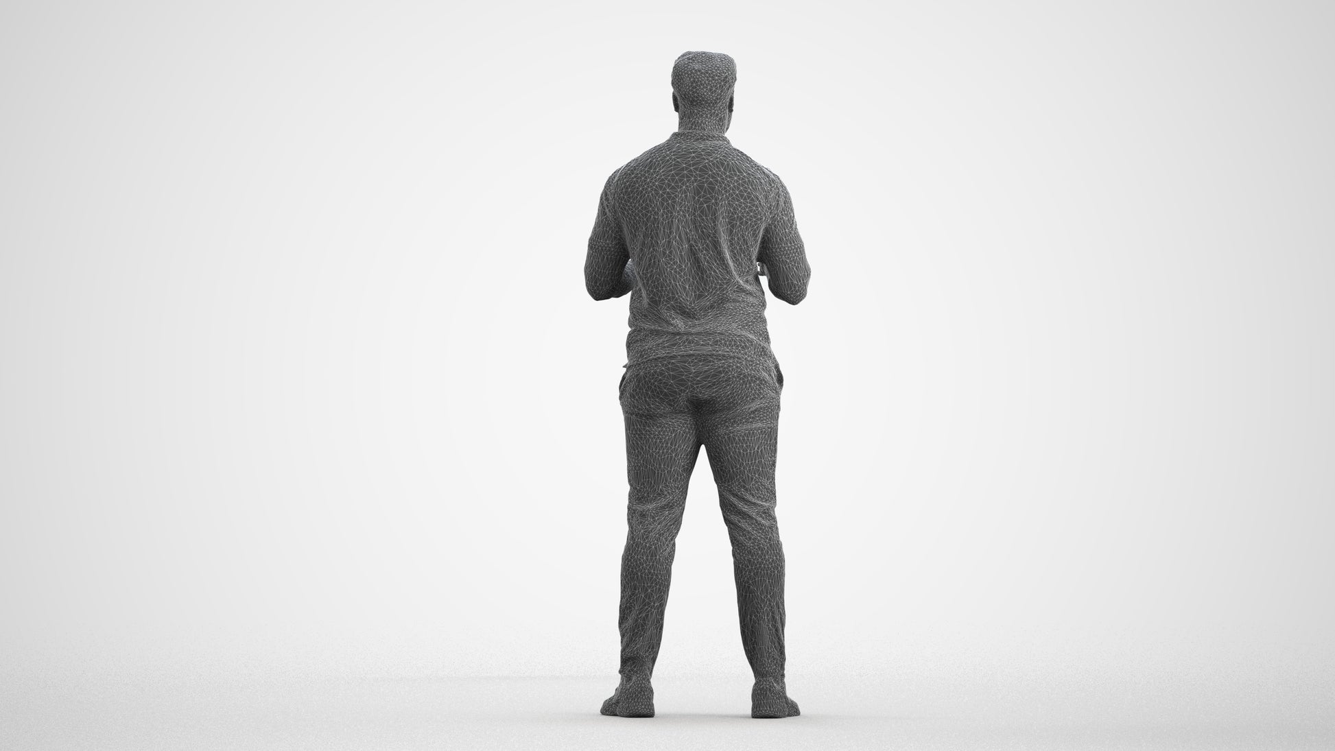 3D scanned man standing casual, photorealistic archviz people for Enscape and SketchUp, wireframe front view