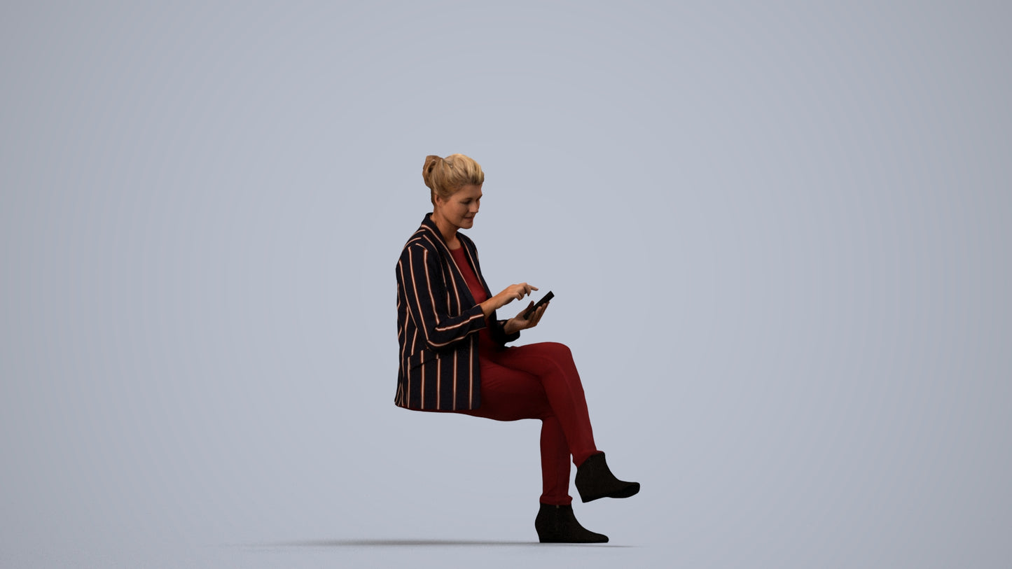 3D human model woman business sitting, photogrammetry scanned person for archviz, side view render