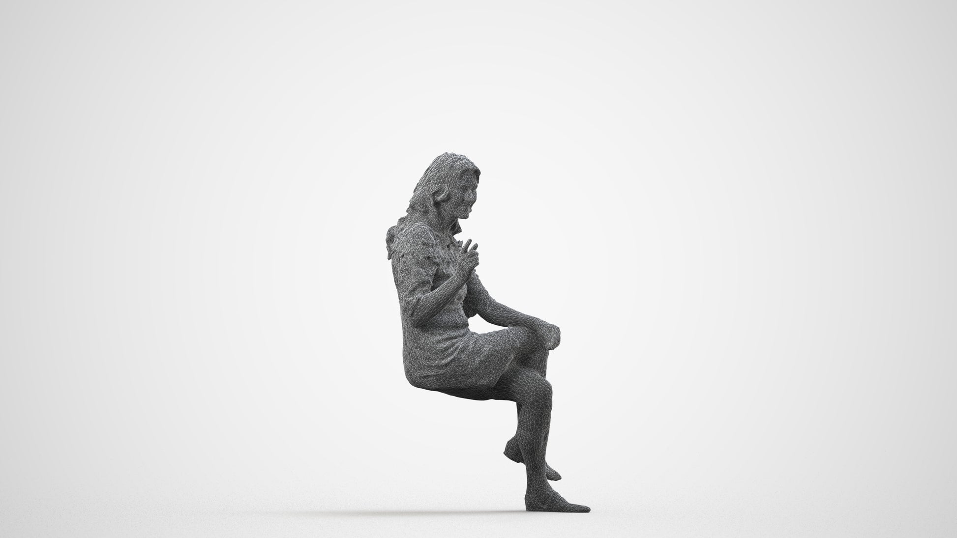 3D human model senior woman casual sitting, photogrammetry scanned person for archviz, wireframe side view