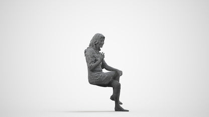 3D human model senior woman casual sitting, photogrammetry scanned person for archviz, wireframe side view