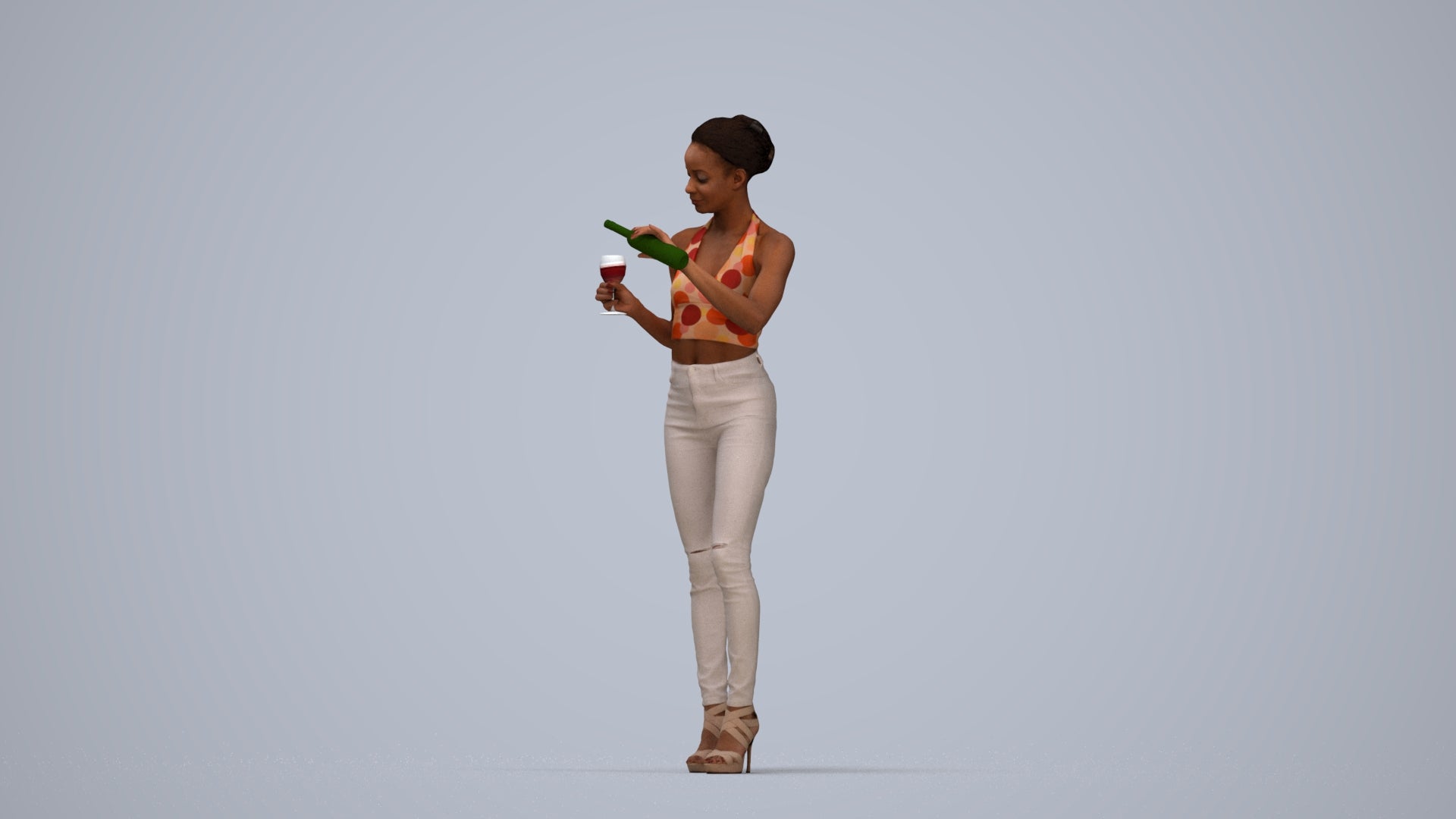 realistic 3D woman casual standing, scanned archviz people for Blender and 3ds Max, top-down view render