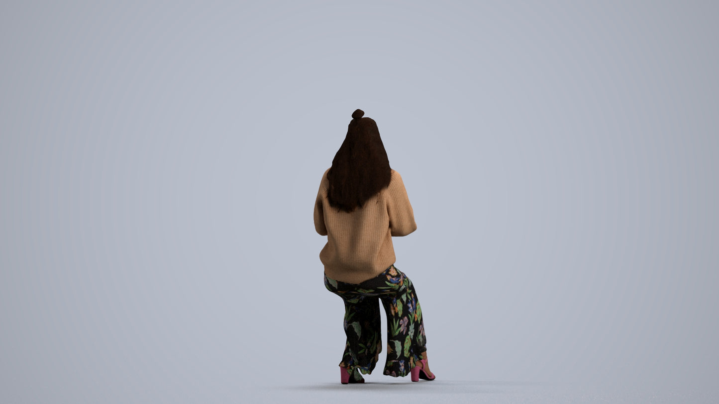 realistic 3D woman casual sitting, scanned archviz people for Blender and 3ds Max, front view render