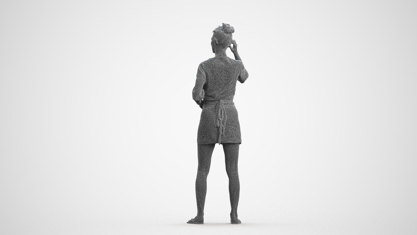 3D human model woman casual standing, photogrammetry scanned person for archviz, wireframe front view