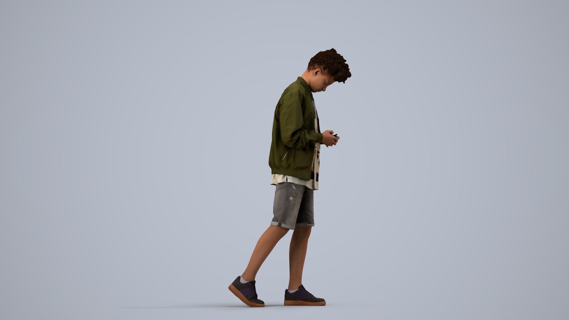 3D human model boy casual kids, photogrammetry scanned person for archviz, side view render