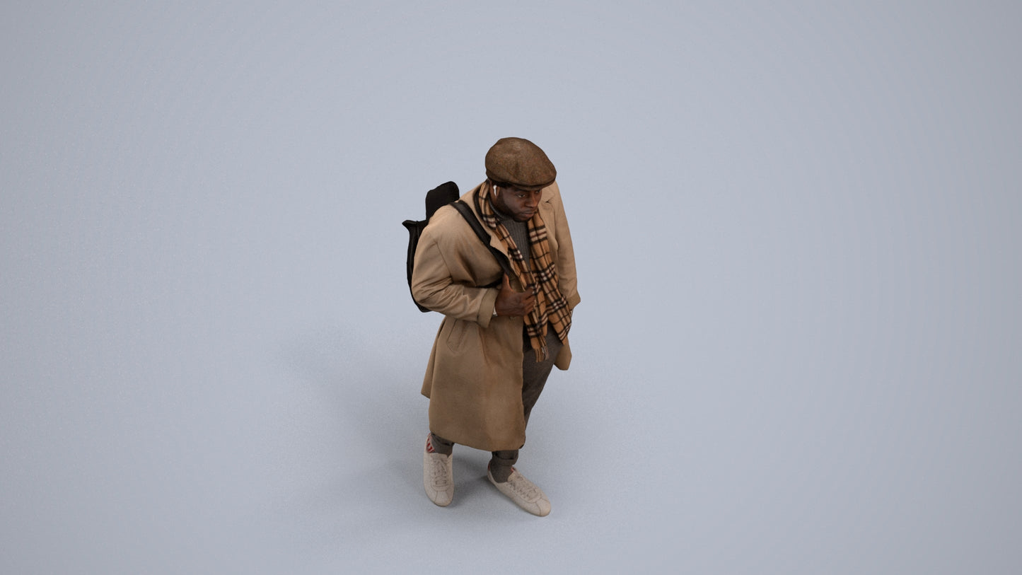 3D human model man casual walking, photogrammetry scanned person for archviz, back view render