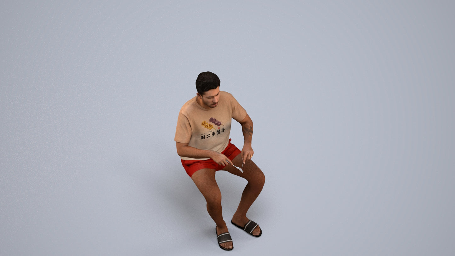 3D human model man casual sitting, photogrammetry scanned person for archviz, back view render
