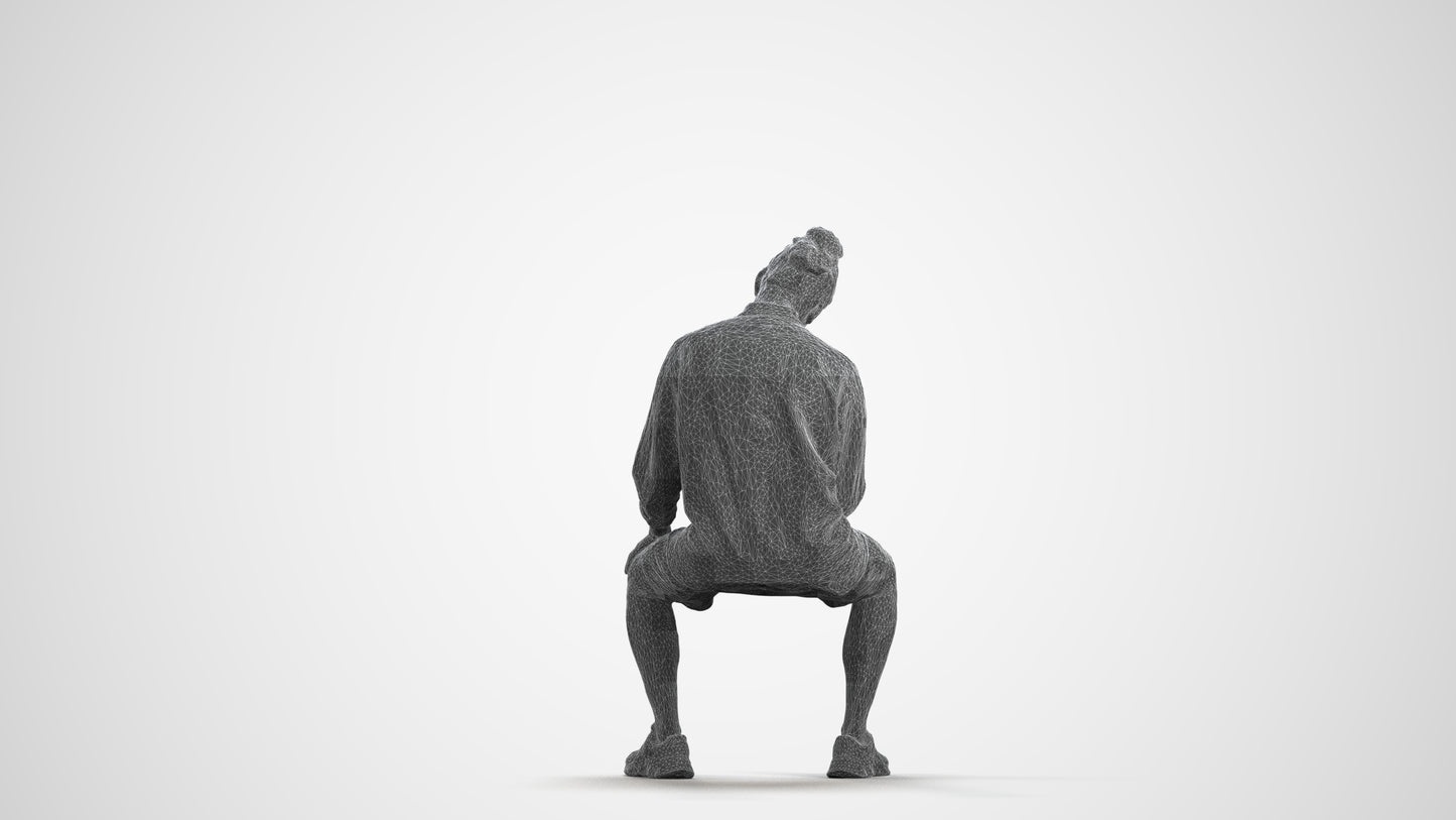 photogrammetry 3D man casual sitting, realistic human model archviz FBX, wireframe front view