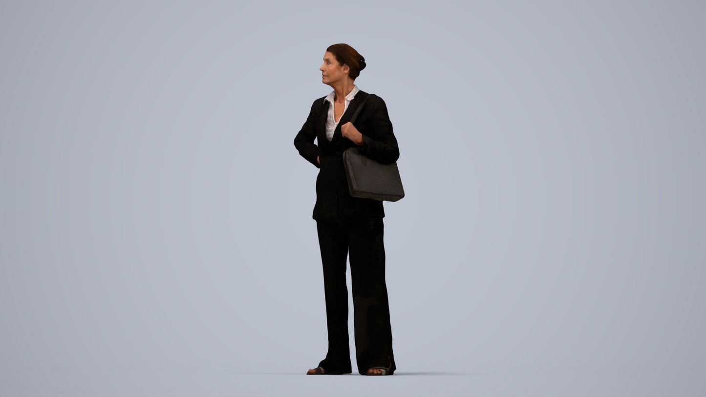 3D human model senior woman business, photogrammetry scanned person for archviz, top-down view render
