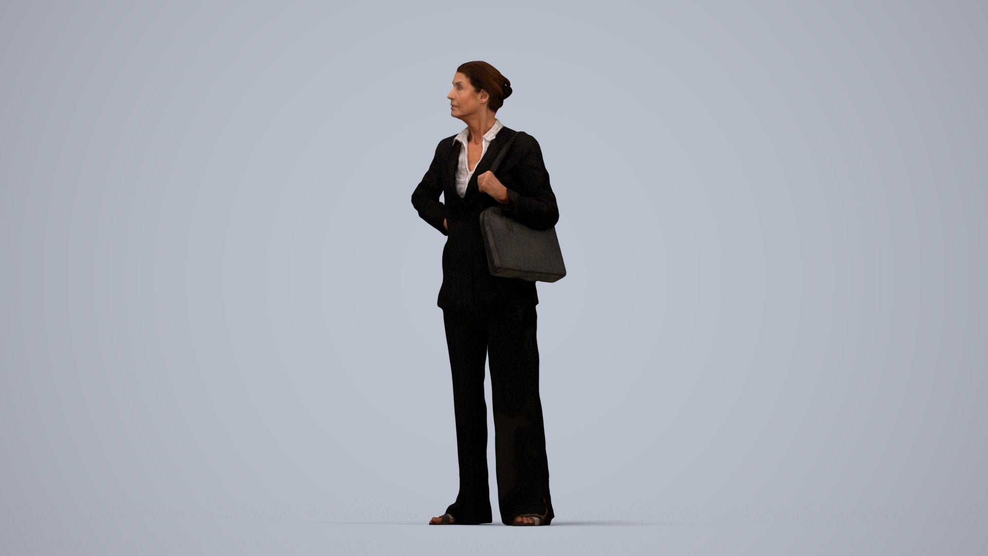 3D human model senior woman business, photogrammetry scanned person for archviz, top-down view render