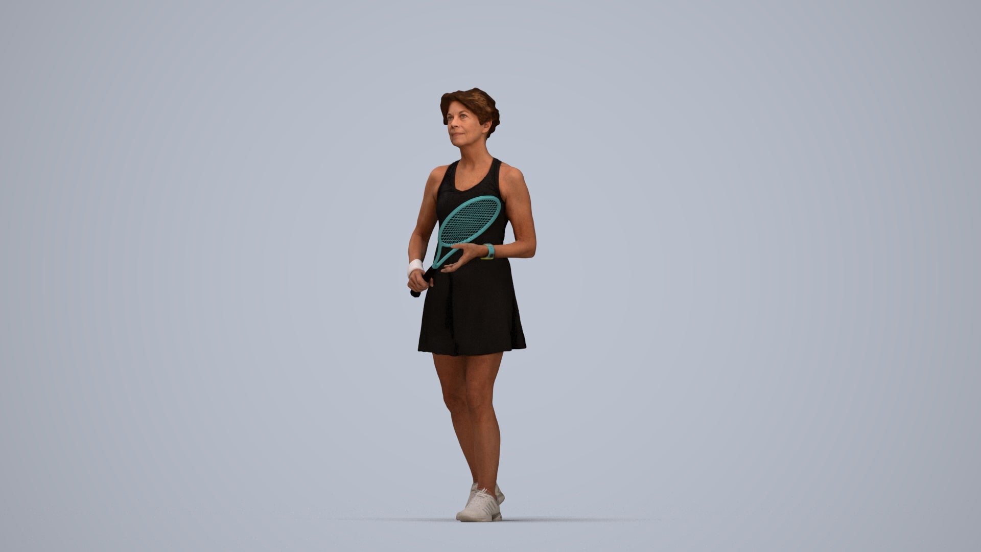 3D human model woman sport, photogrammetry scanned person for archviz, top-down view render