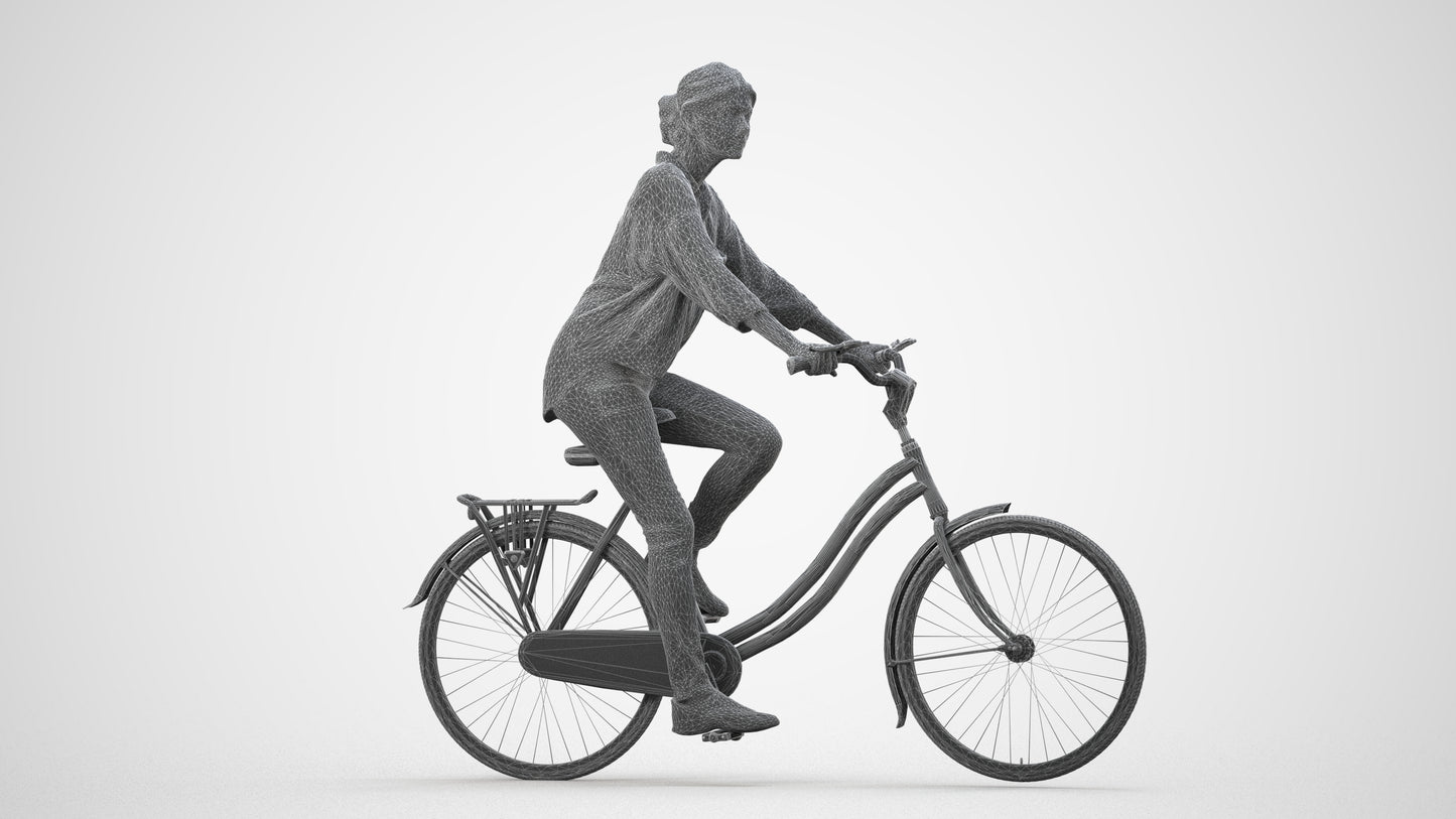 photogrammetry 3D woman casual cycling, realistic human model archviz FBX, wireframe side view