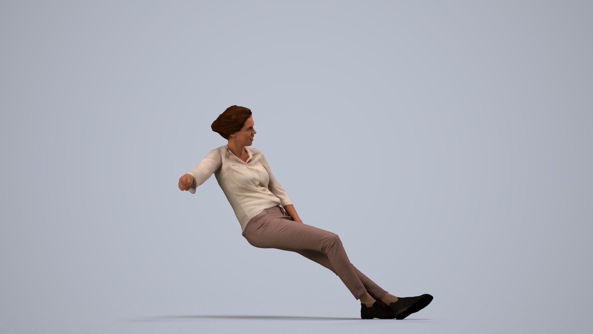 realistic 3D woman casual sitting, scanned archviz people for Blender and 3ds Max, side view render