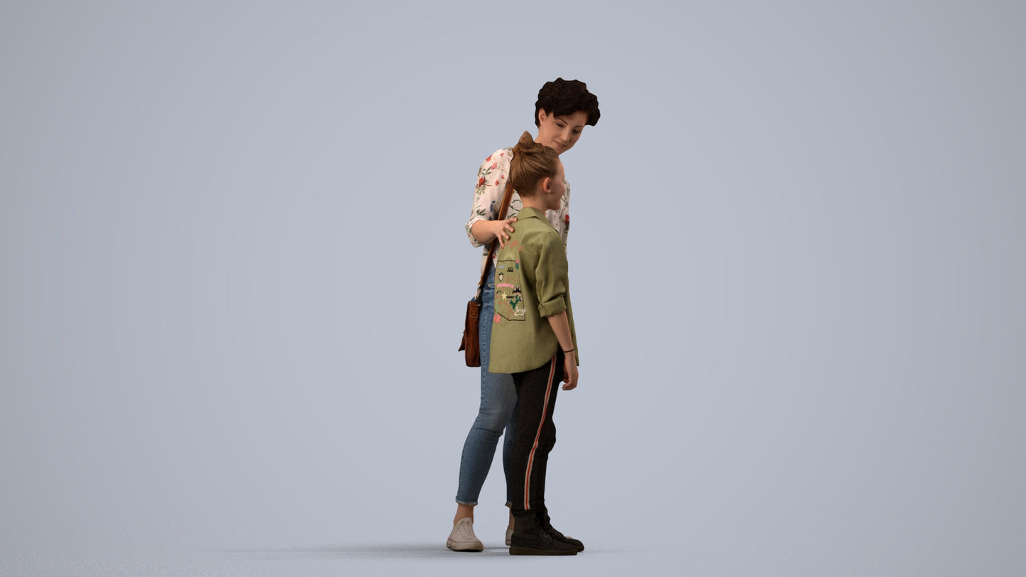realistic 3D girl casual kids, scanned archviz people for Blender and 3ds Max, side view render