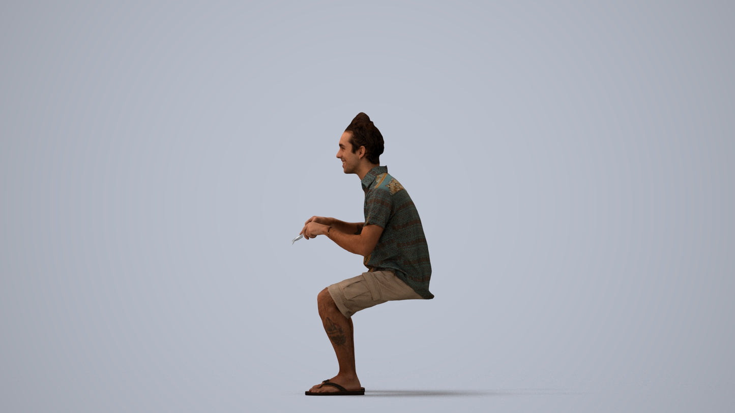 scanned 3D man casual sitting, photogrammetry people for Enscape and V-Ray, three-quarter view render
