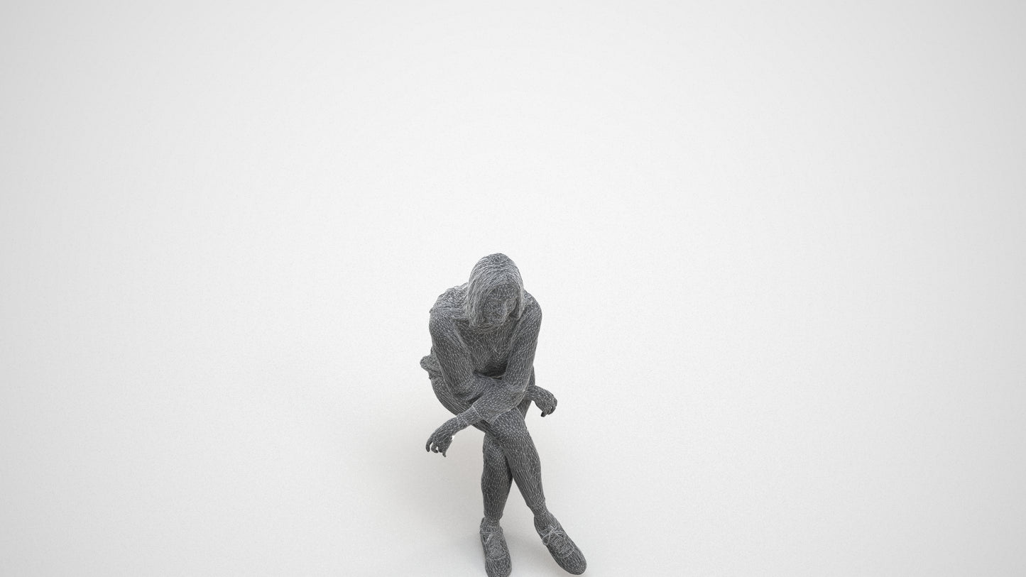 3D people model woman casual sitting, scanned human for 3ds Max rendering, wireframe three-quarter view