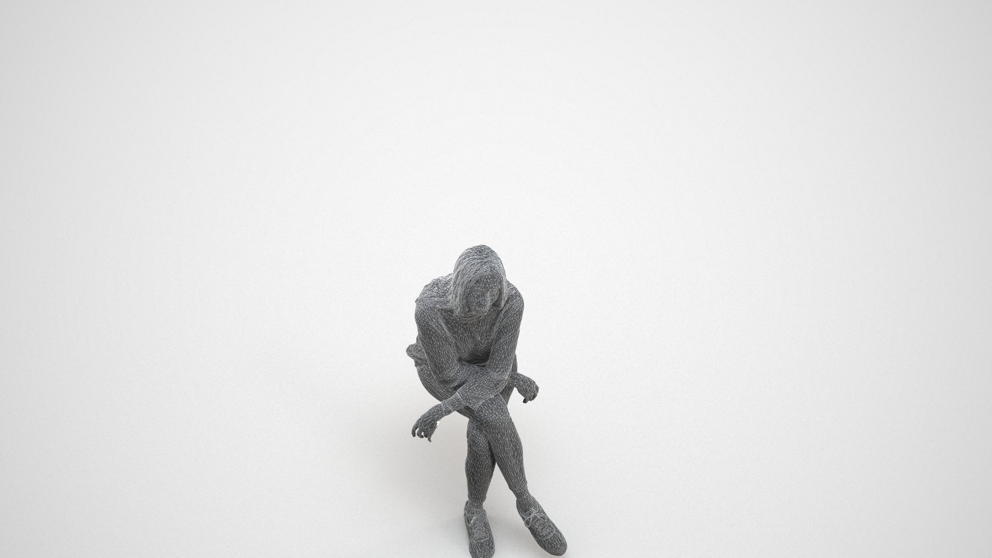 3D people model woman casual sitting, scanned human for 3ds Max rendering, wireframe three-quarter view