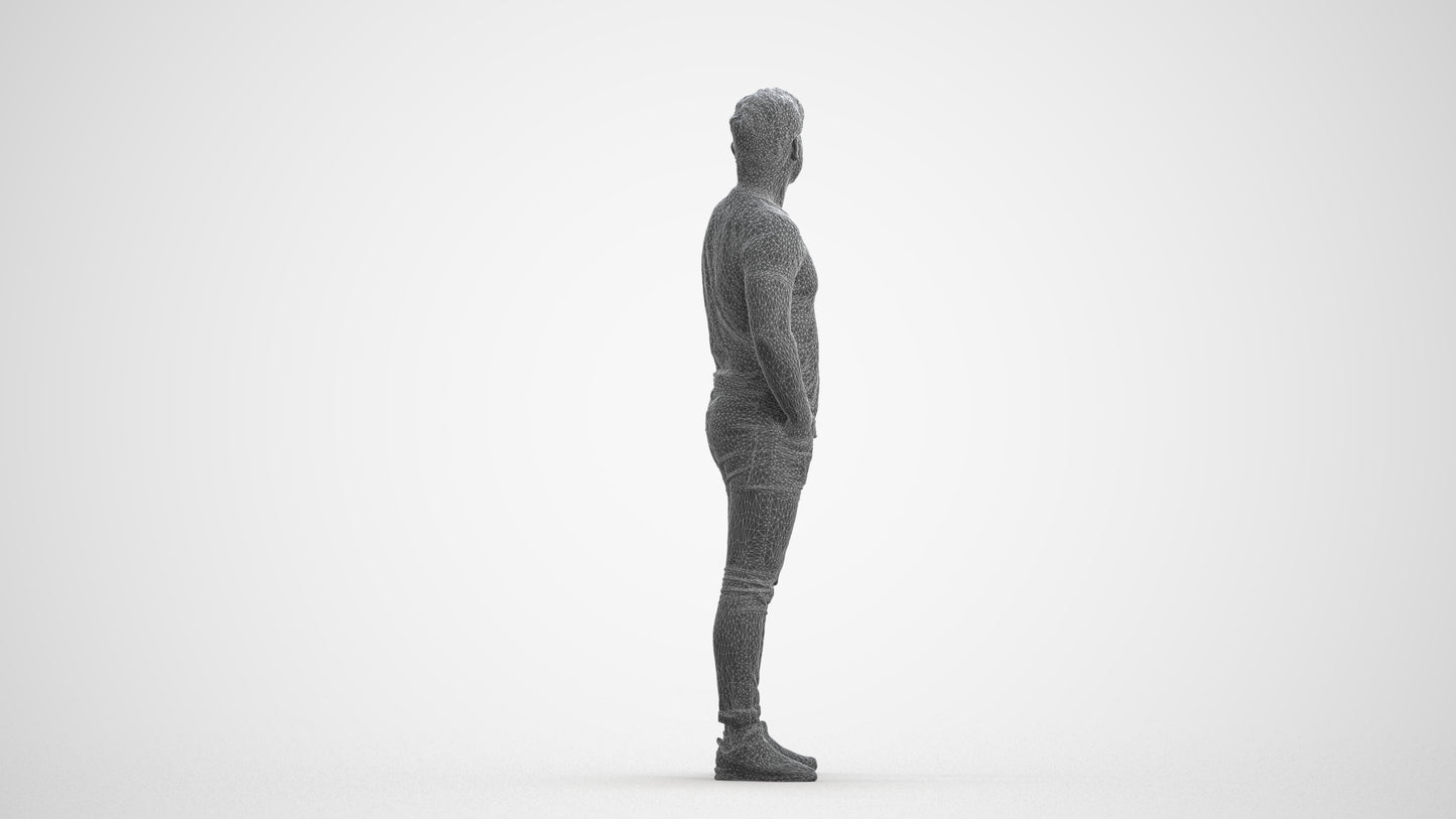 3D people model man casual standing, scanned human for 3ds Max rendering, wireframe front view
