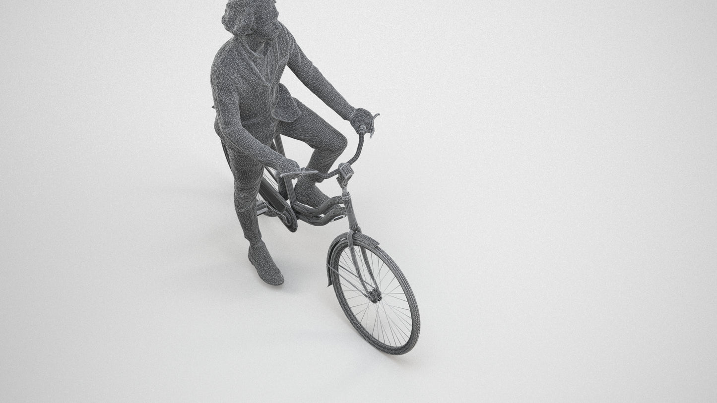 scanned 3D man business cycling, photogrammetry people for Enscape and V-Ray, wireframe three-quarter view
