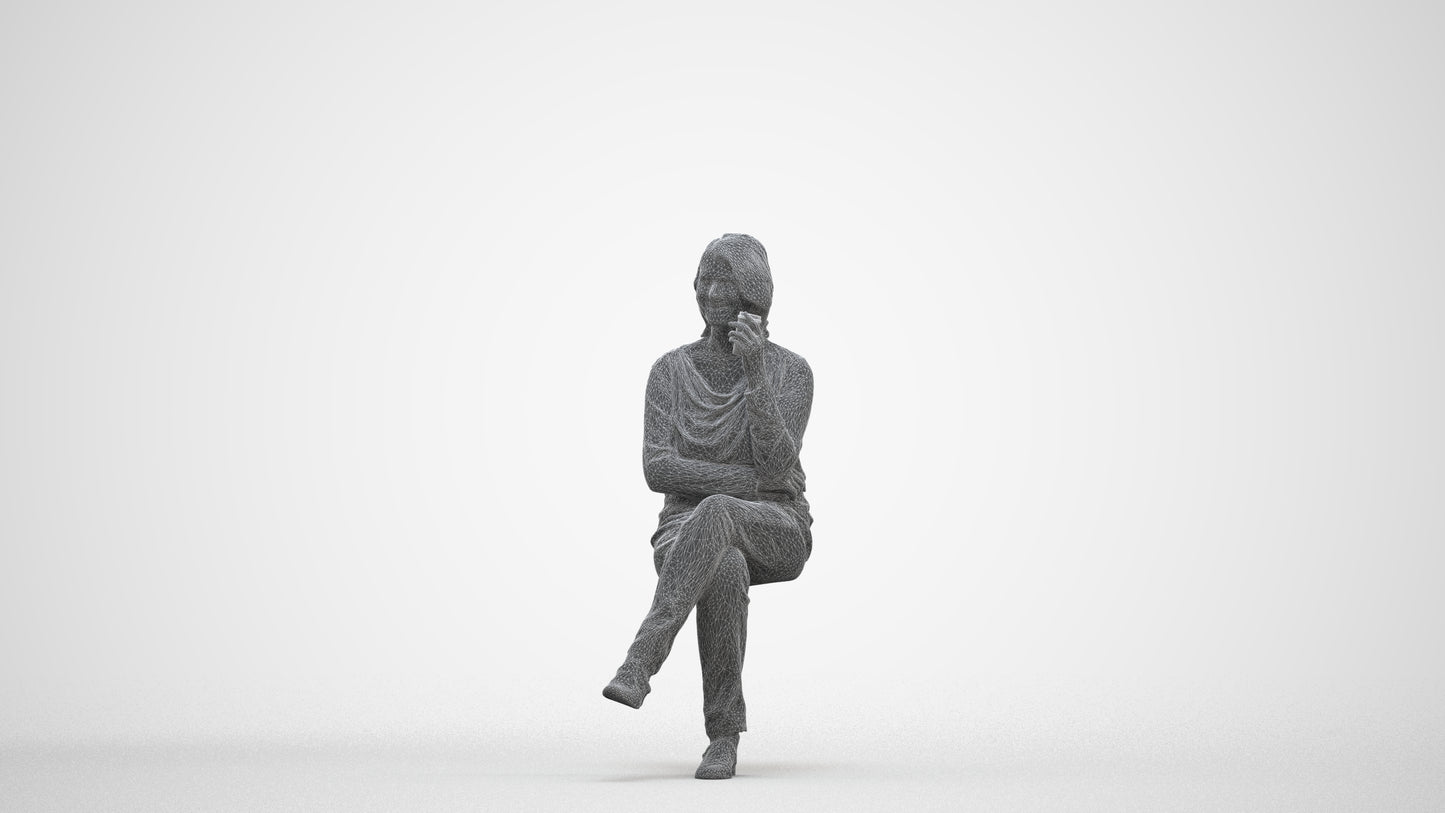 scanned 3D woman casual sitting, photogrammetry people for Enscape and V-Ray, three-quarter front view render