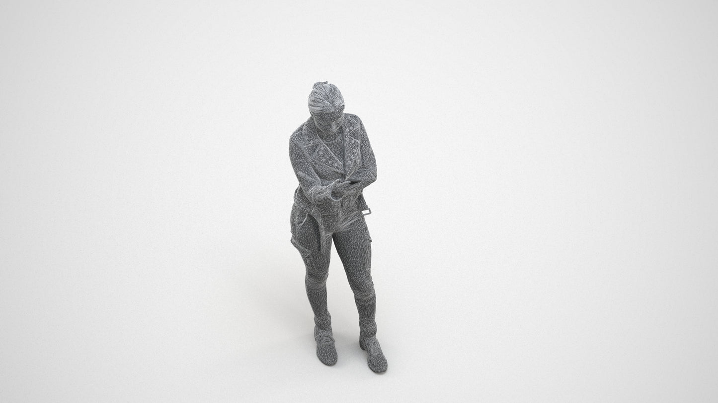 photogrammetry 3D woman casual standing, realistic human model archviz FBX, wireframe three-quarter view