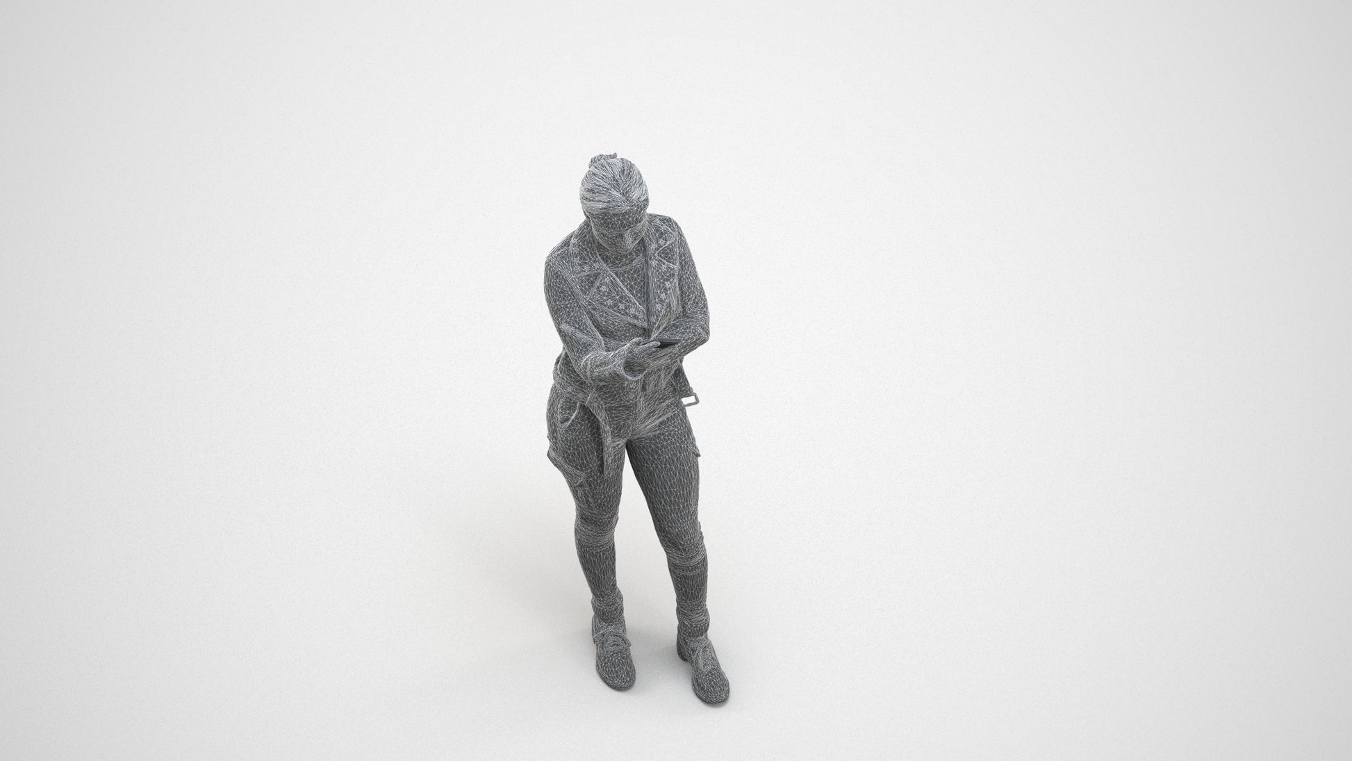 photogrammetry 3D woman casual standing, realistic human model archviz FBX, wireframe three-quarter view