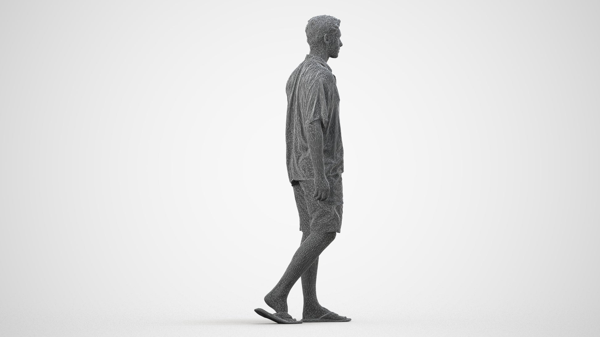 scanned 3D man casual walking, photogrammetry people for Enscape and V-Ray, wireframe side view
