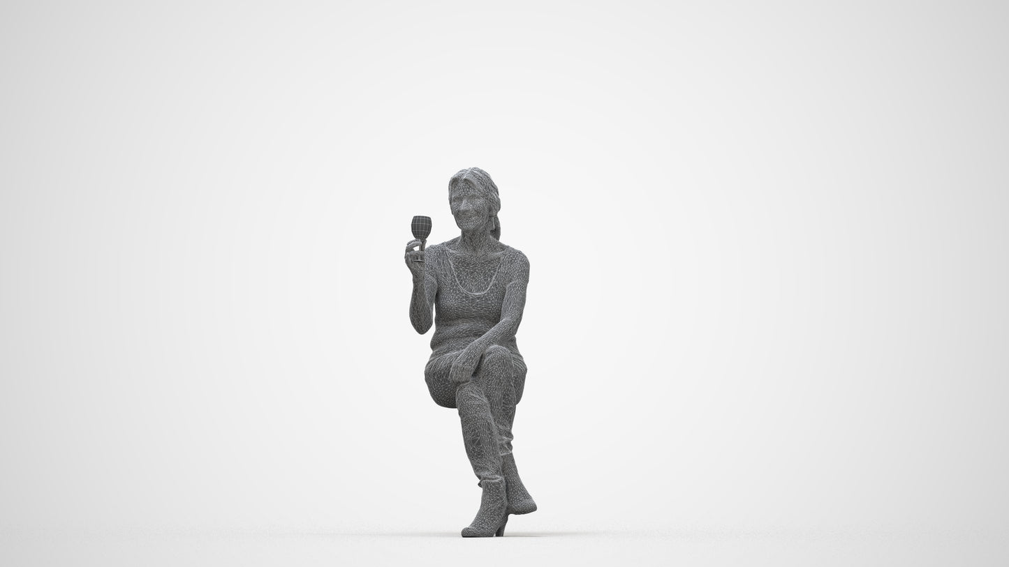 realistic 3D people senior woman casual sitting, render-ready for V-Ray and Corona, FBX OBJ, wireframe back view