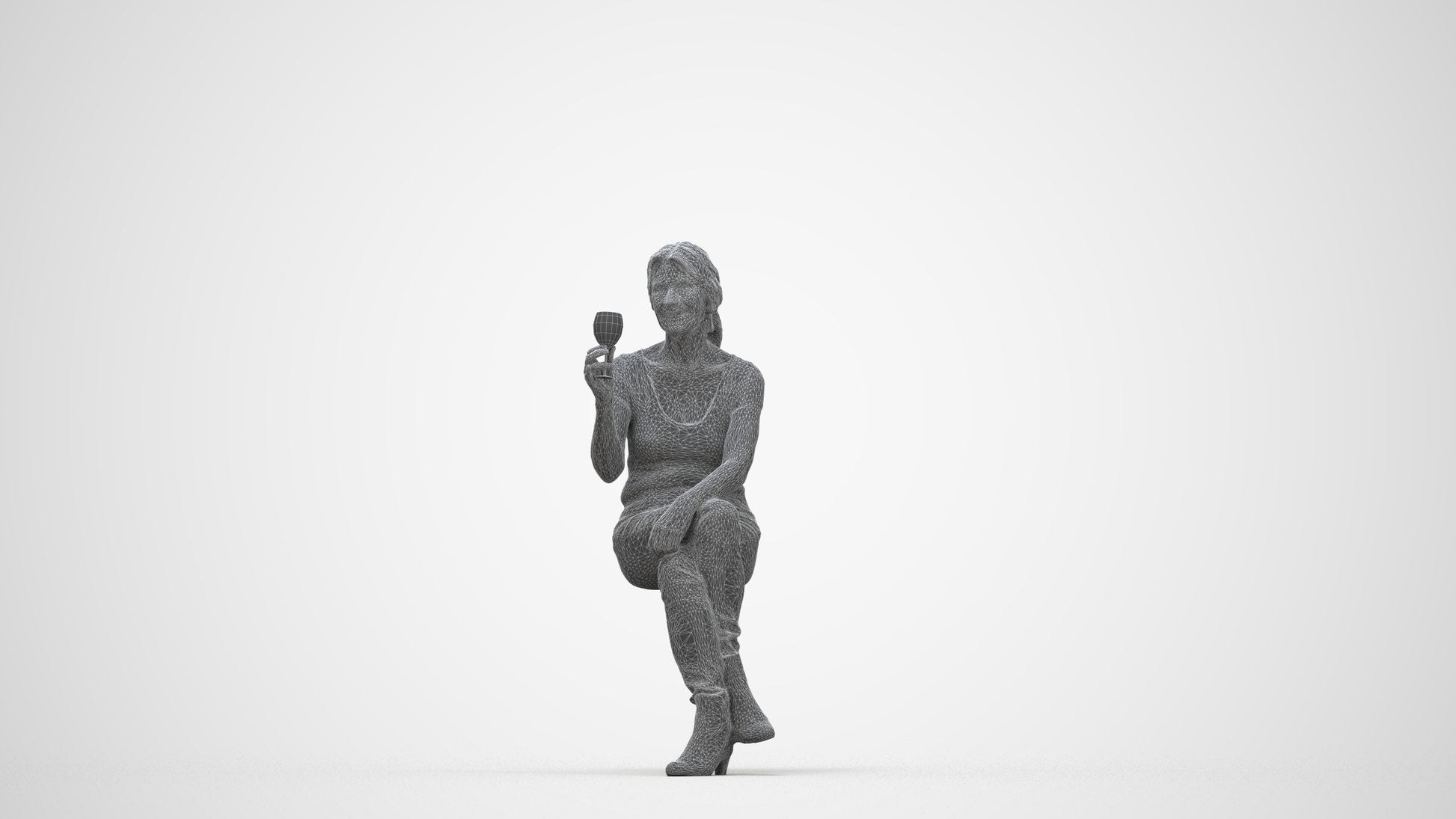 realistic 3D people senior woman casual sitting, render-ready for V-Ray and Corona, FBX OBJ, wireframe back view
