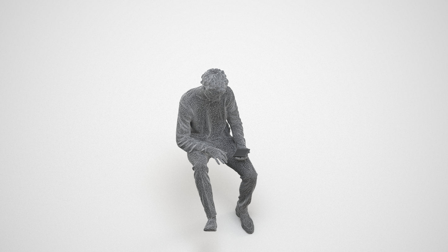 realistic 3D man casual sitting, scanned archviz people for Blender and 3ds Max, wireframe three-quarter view