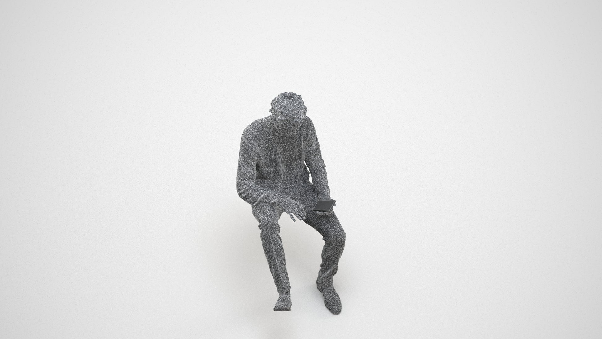 realistic 3D man casual sitting, scanned archviz people for Blender and 3ds Max, wireframe three-quarter view