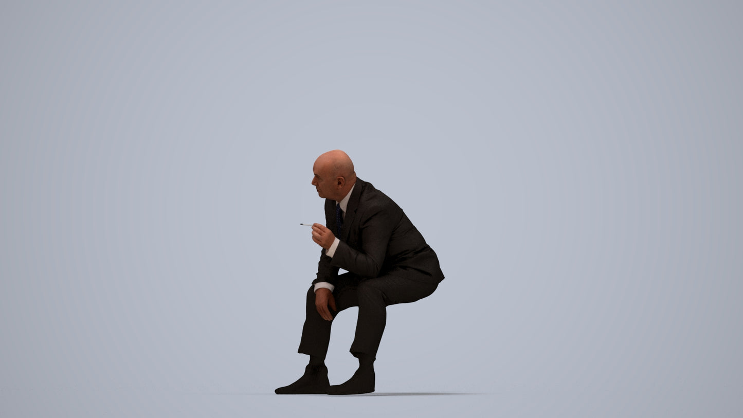 3D human model senior man business, photogrammetry scanned person for archviz, top-down view render