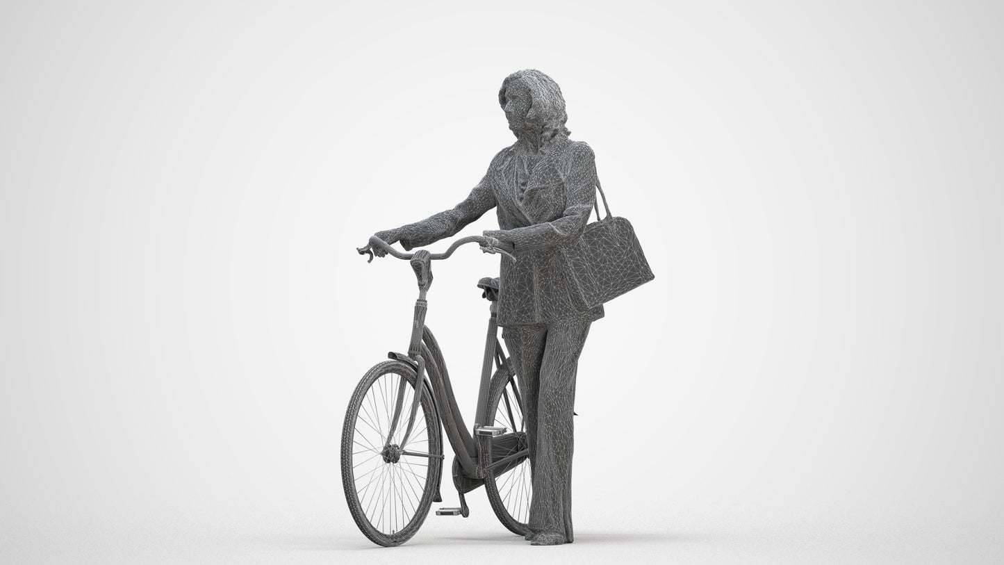 3D scanned senior woman cycling business, photorealistic archviz people for Enscape and SketchUp