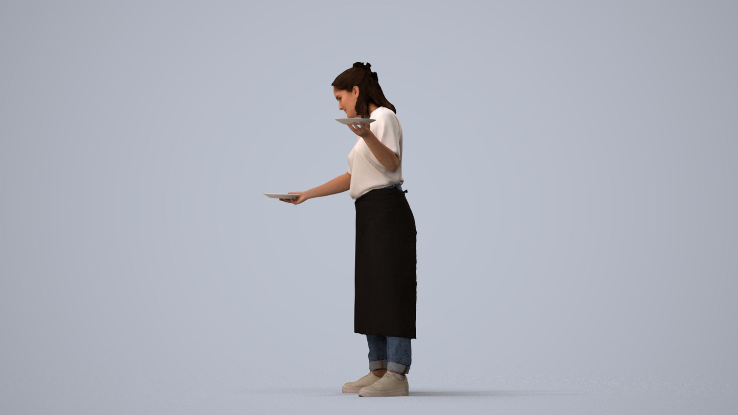 3D scanned woman hospitality, photorealistic archviz people for Enscape and SketchUp, three-quarter view render