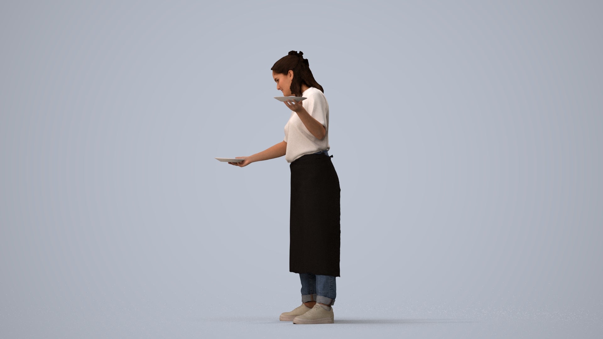 3D scanned woman hospitality, photorealistic archviz people for Enscape and SketchUp, three-quarter view render