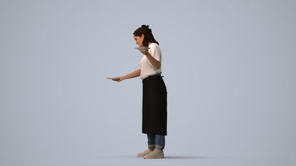 3D scanned woman hospitality, photorealistic archviz people for Enscape and SketchUp, three-quarter view render