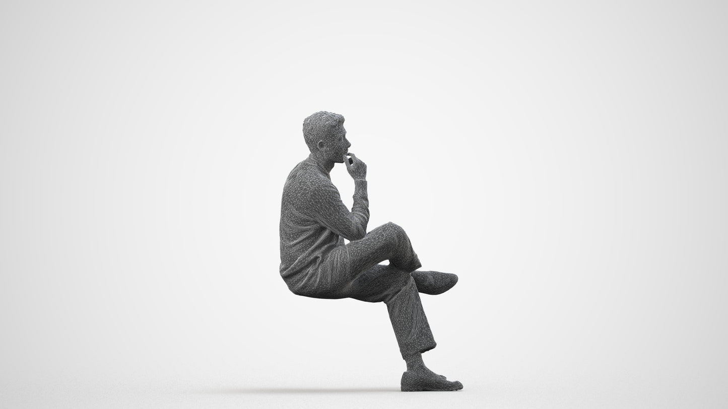 3D human model man casual sitting, photogrammetry scanned person for archviz, wireframe side view