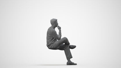 3D human model man casual sitting, photogrammetry scanned person for archviz, wireframe side view