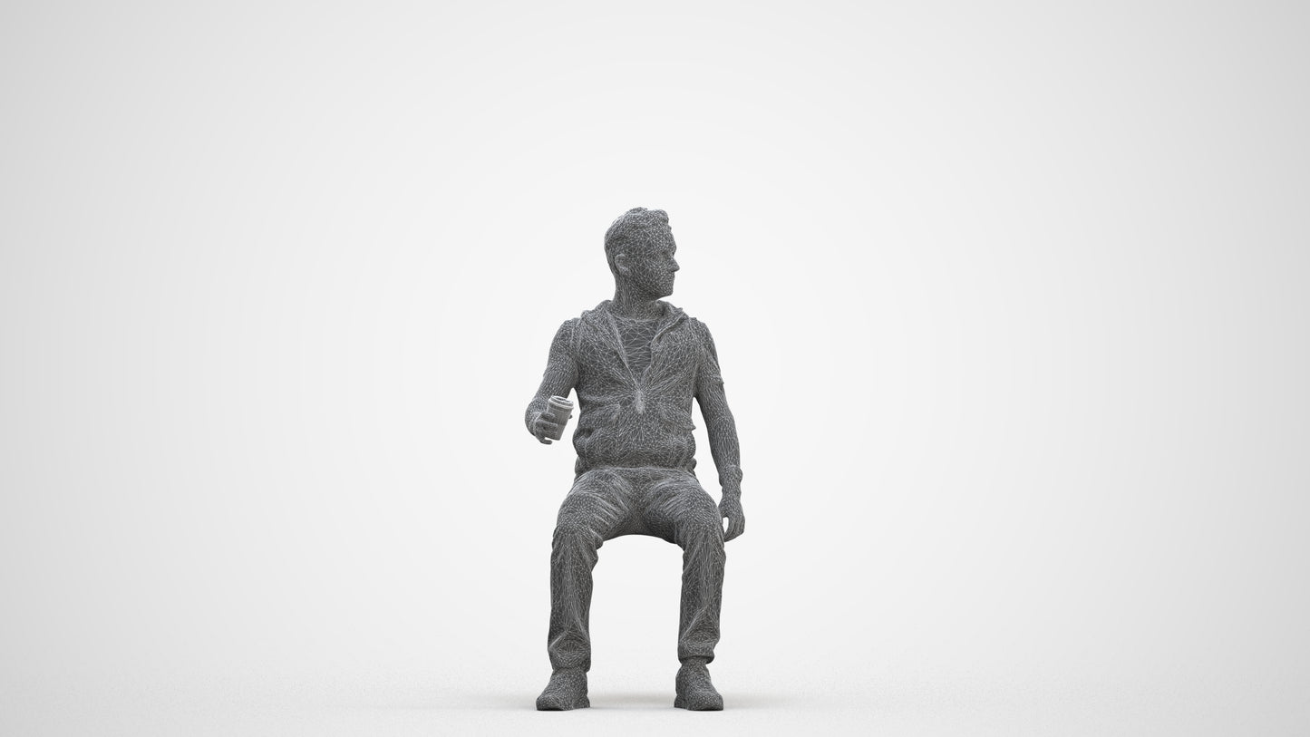 scanned 3D man casual sitting, photogrammetry people for Enscape and V-Ray, three-quarter front view render