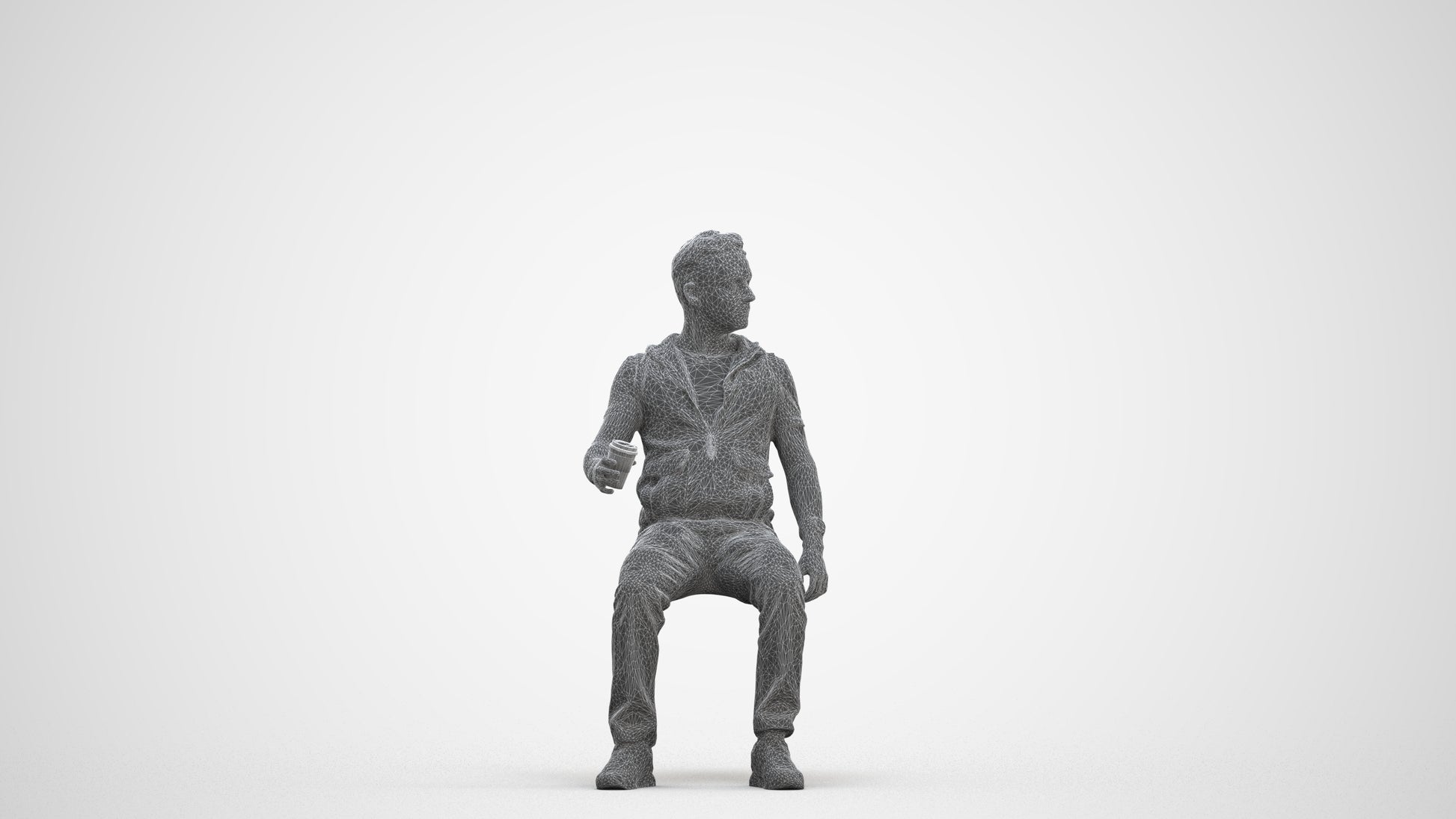 scanned 3D man casual sitting, photogrammetry people for Enscape and V-Ray, three-quarter front view render