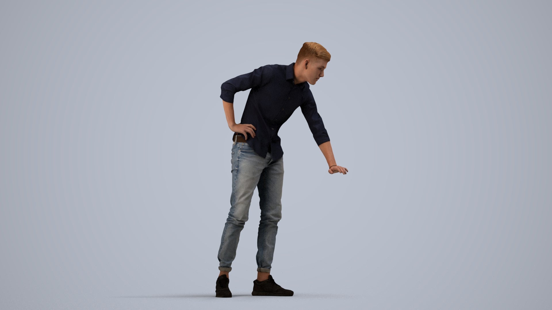 realistic 3D human man casual standing, archviz people FBX OBJ for Blender, side view render