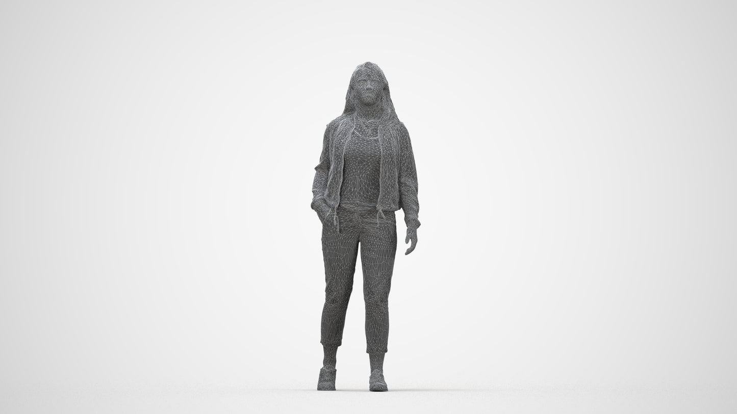 3D scanned woman walking casual, photorealistic archviz people for Enscape and SketchUp, wireframe back view