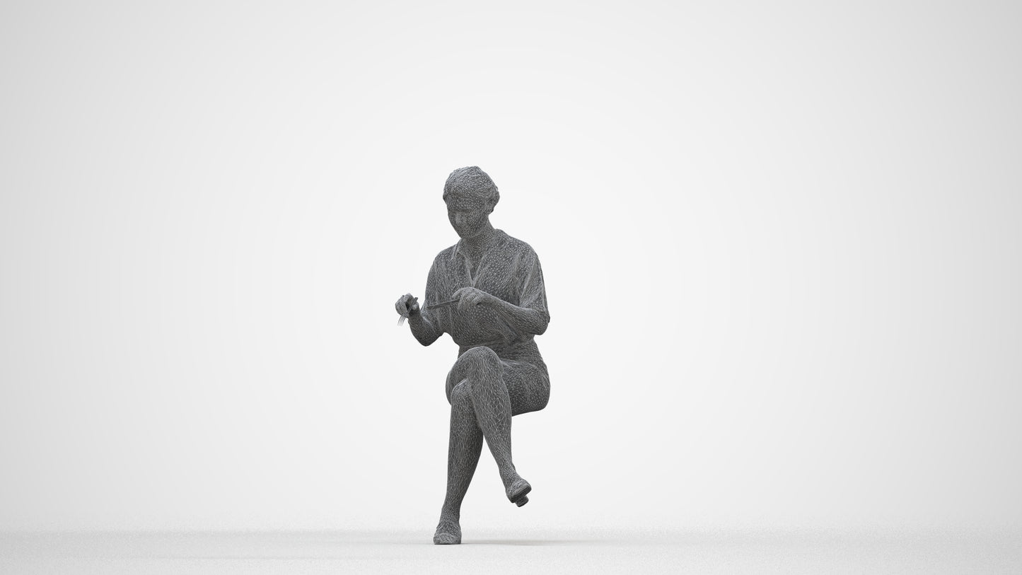 photogrammetry 3D woman casual sitting, realistic human model archviz FBX, wireframe back view