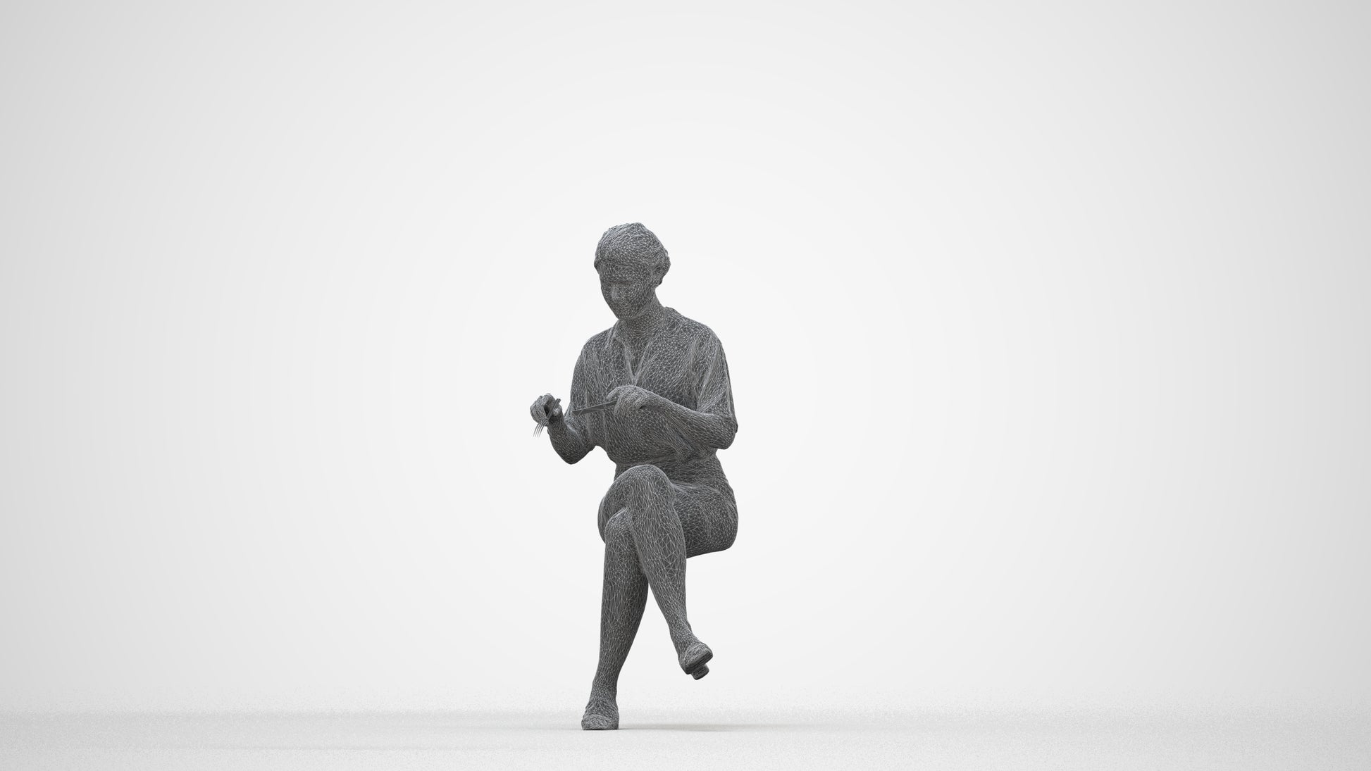 photogrammetry 3D woman casual sitting, realistic human model archviz FBX, wireframe back view