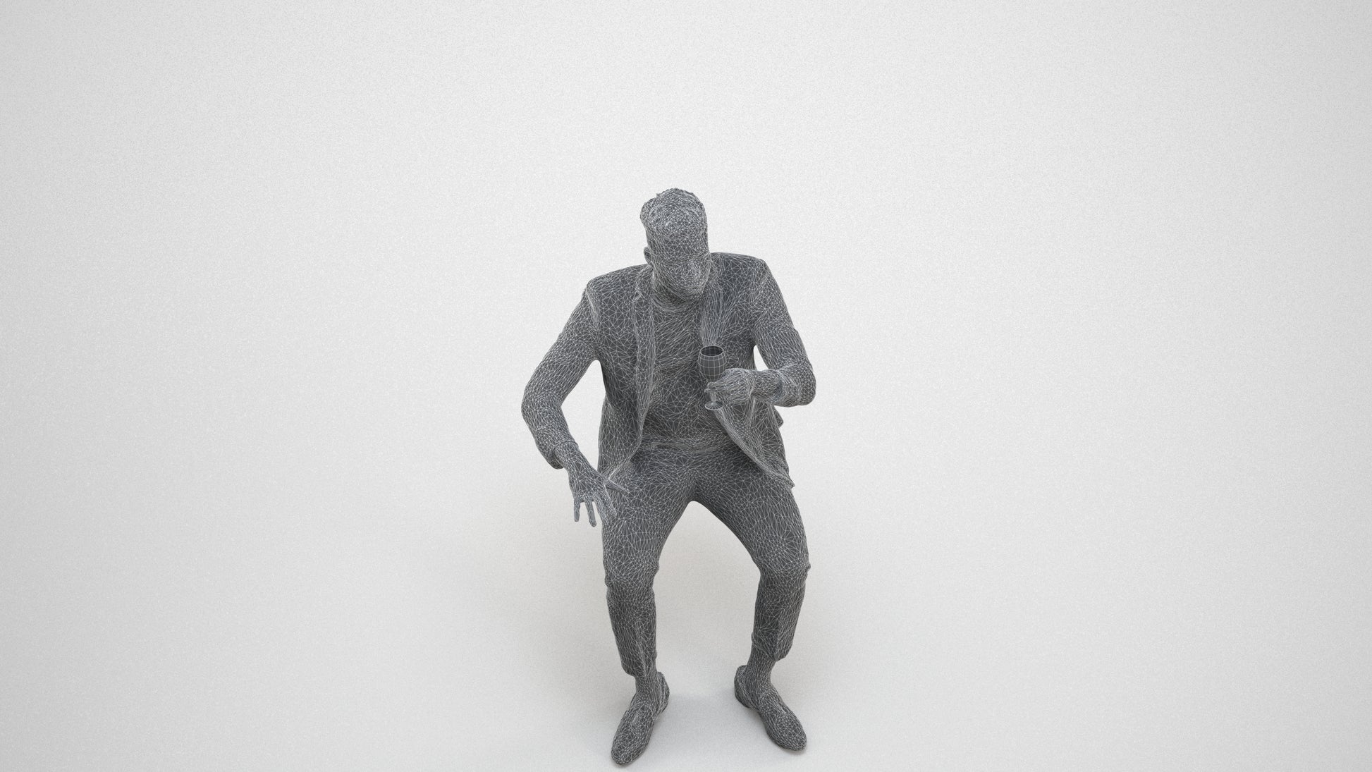 3D scanned man sitting formal, photorealistic archviz people for Enscape and SketchUp, wireframe three-quarter view