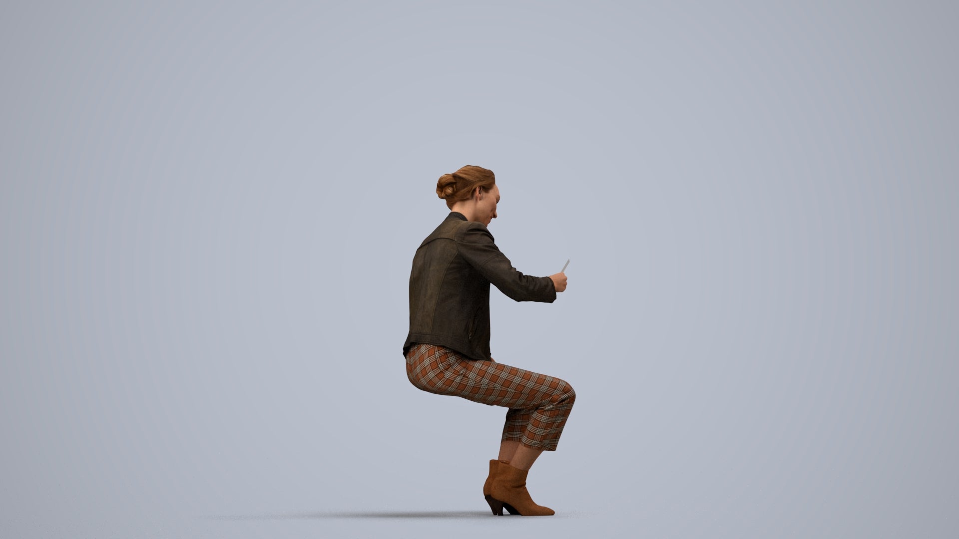 realistic 3D woman business sitting, scanned archviz people for Blender and 3ds Max, side view render